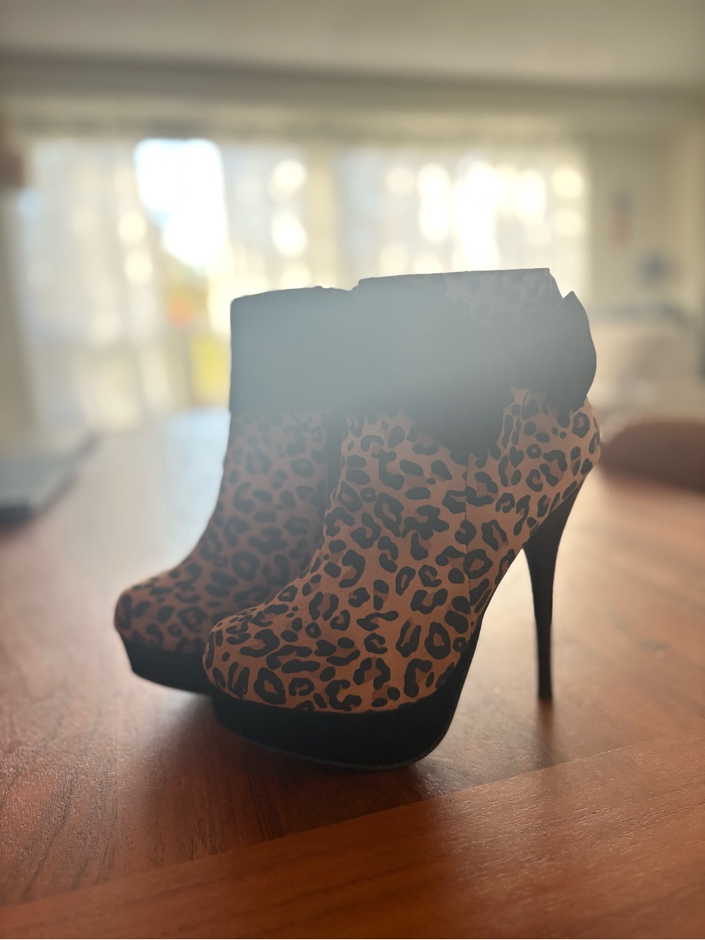 JustFab Leopard Print Platform Ankle Boots in Tan and Black
